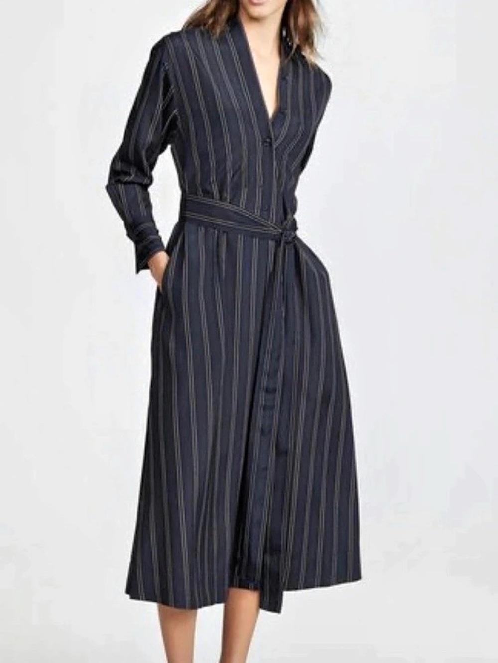 VINCE Classic Striped Belted Long Sleeved Midi Shirt Dress